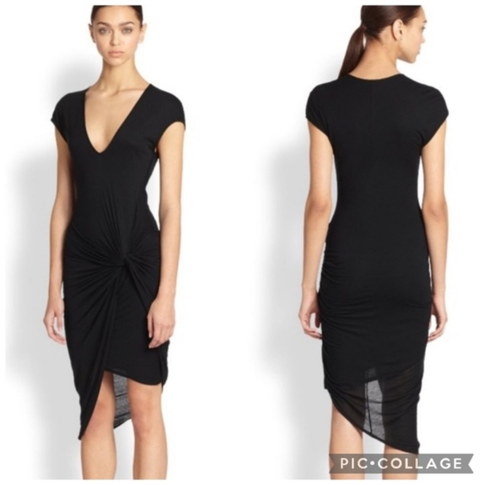 Helmut Lang V Neck Asymmetrical Hem Black Midi Dress w/Knot